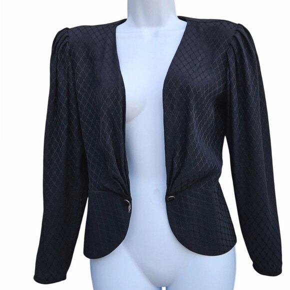 1980s Emanuel Ungaro Parelle Paris Black Silk Jacquard Peplum Jacket w/ Big Shou - Picture 2 of 13